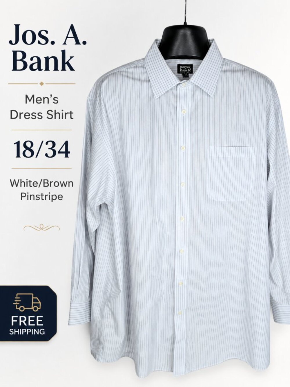 Jos. A. Bank Traveler’s Dress Shirt Men 18/34 White Brown Pinstripe Cotton